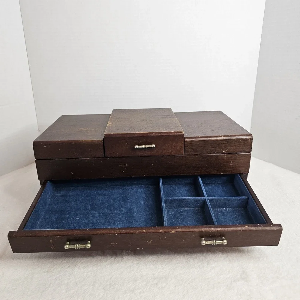 VTG Mid Century Modern Wood Jewelry Box 2 Drawer Blue Velvet Lined MCM Mirror